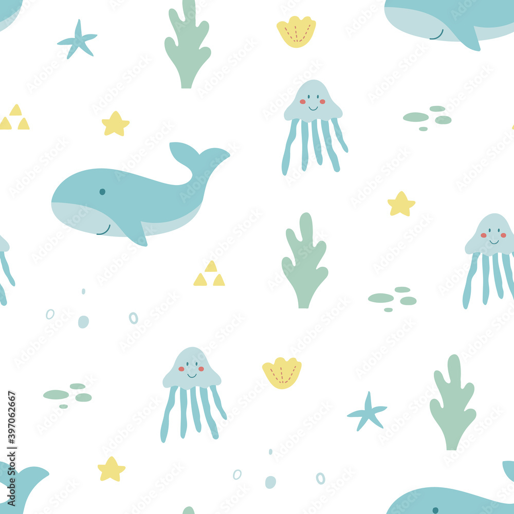 Fototapeta premium Hand drawn sea life seamless pattern. Unique marine life objects. Save the ocean texture. Doodle underwater seascape. Sea fauna with whale, shell, jellyfish, corals. Vector Illustration
