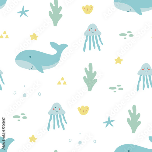 Fototapeta Naklejka Na Ścianę i Meble -  Hand drawn sea life seamless pattern. Unique marine life objects. Save the ocean texture. Doodle underwater seascape. Sea fauna with whale, shell, jellyfish, corals. Vector Illustration
