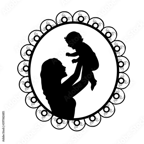 Silhouette in frame mother holding newborn baby in air