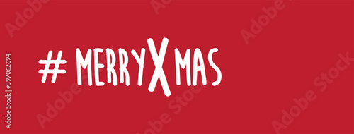 Social Media Hashtag Merry X Mas on Red Background