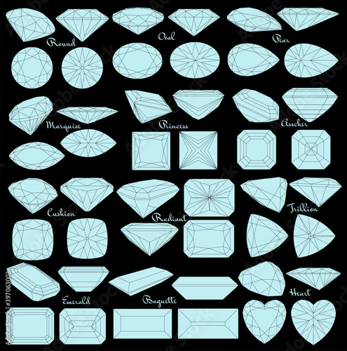 Cutting gems stones. Types of diamond cut. Four sides of jewelry with facets for background, carving and coloring.