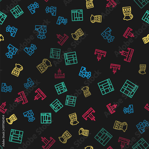 Set line Bullfight, matador, House Edificio Mirador, Sangria pitcher and Montjuic castle on seamless pattern. Vector.