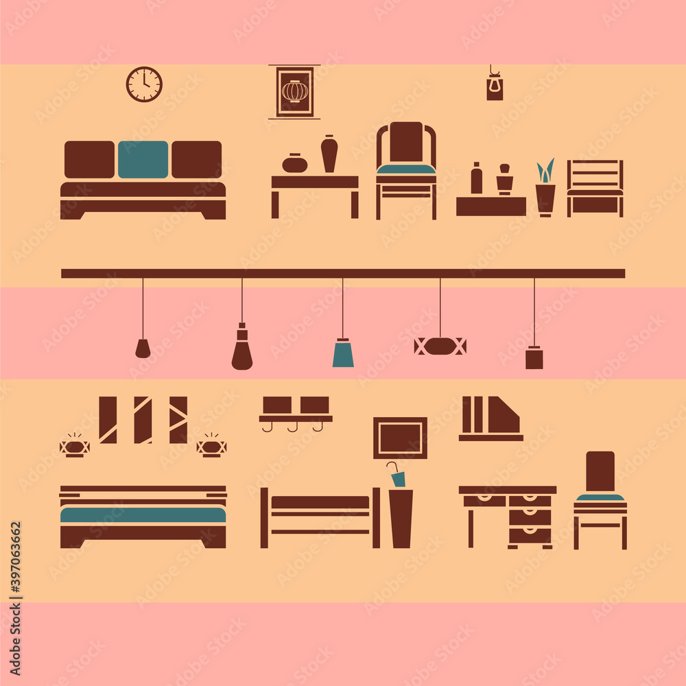 Brown and green furniture icons set with bed, lamp, sofa, chair, decor and table Brown and green furniture icons set with bed, lamp, sofa, chair, decor and table