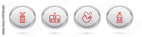 Set line Windmill, Crown of spain, Spanish wineskin and Orujo. Silver circle button. Vector.