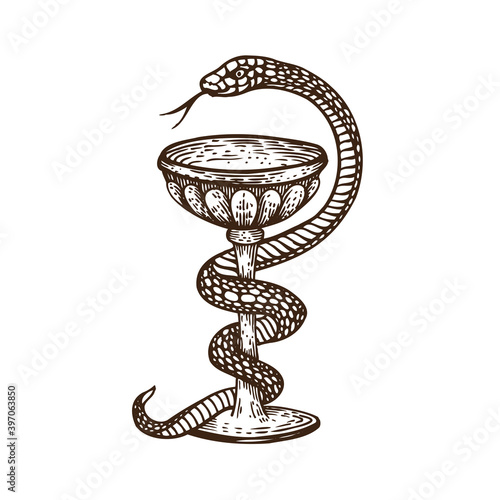 Hand drawn antique vintage style vector illustration. The Hygea vessel is one of the symbols of pharmacy Medical snake around bowl, cup. Caduceus symbol for drugstore, doctor, first aid, healthcare