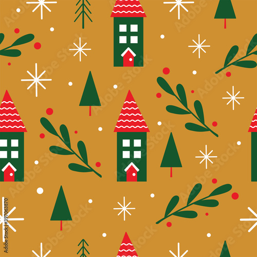 Seamless Holiday Pattern with Houses and Branches in Vector.