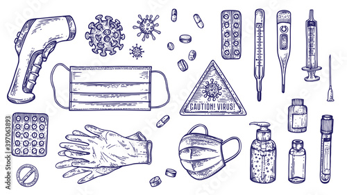 Health care and medicine drawings. Sketches. Hand-drawing. Vector illustration of for design and packages product. Vector Illustration.