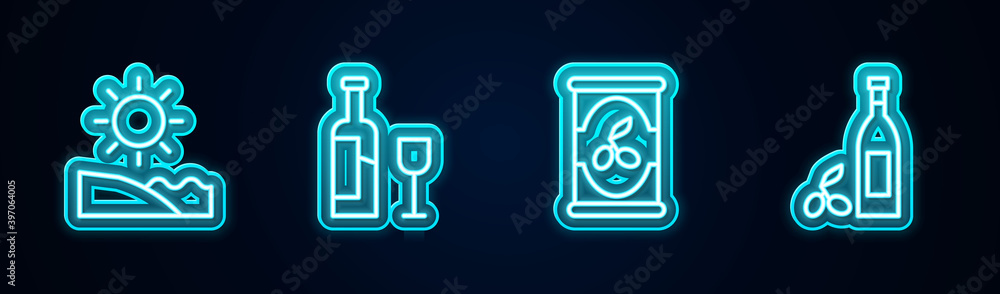 Set line Beach, Wine bottle with glass, Olives can and Bottle of olive oil. Glowing neon icon. Vector. Set line Beach, Wine bottle with glass, Olives can and Bottle of olive oil. Glowing neon icon. Vector.