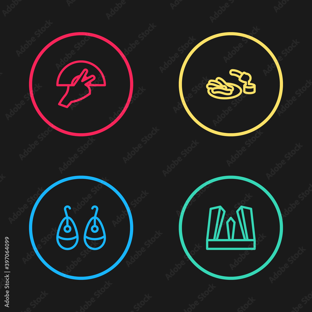 Set line Earrings, Gate of Europe, Churros and chocolate and Fan flamenco icon. Vector. Set line Earrings, Gate of Europe, Churros and chocolate and Fan flamenco icon. Vector.