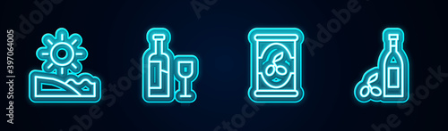 Set line Beach, Wine bottle with glass, Olives can and Bottle of olive oil. Glowing neon icon. Vector.
