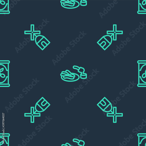 Set line Churros and chocolate, Windmill and Olives can on seamless pattern. Vector.