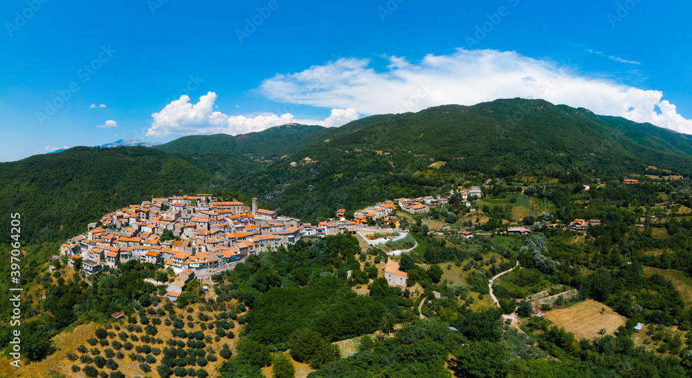 Aerial view of rural village of Capradosso in central Italy Offeio, Petrella Salto, Rieti, Italy (Strada Regionale 578 Cicolana) Old settlements. Top of the mountain. The hinterland of the country.
