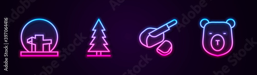 Set line Montreal Biosphere, Canadian spruce, Peameal bacon and Bear head. Glowing neon icon. Vector.