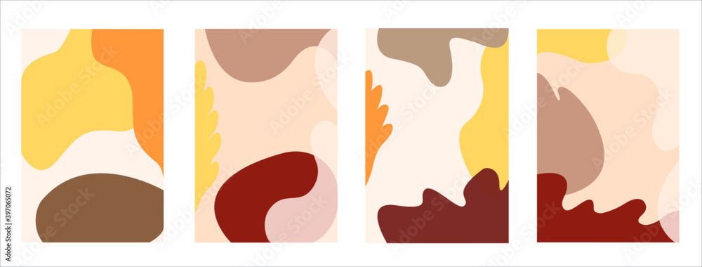 Set of four abstract warm backgrounds. Hand drawn various fluid shapes and floral objects in trendy colors. Contemporary modern trendy vector illustrations. Every background is isolated on white. 