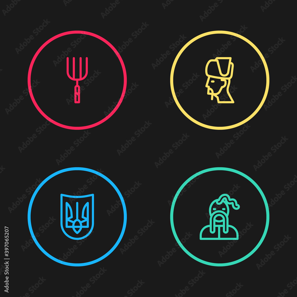 Set line Ukrainian trident, cossack, and Garden pitchfork icon. Vector. Set line Ukrainian trident, cossack, and Garden pitchfork icon. Vector.