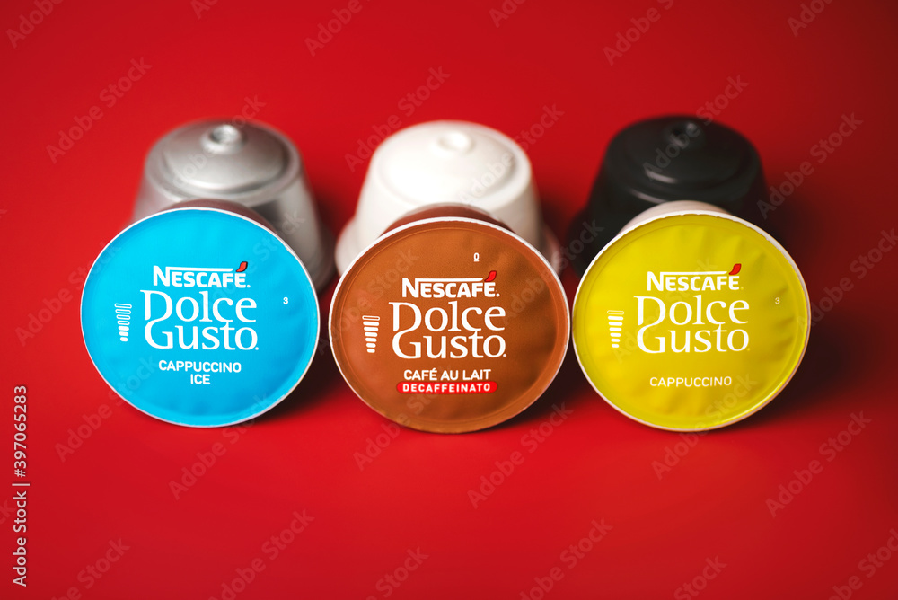 closeup of Nescafe Dolce Gusto capsules,cappuccino ice,cafe aulait, cappuccino.Selective focus Stock Photo | Adobe Stock