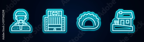 Set line Ukrainian cossack, Hotel Ukraina building, Dumplings and house. Glowing neon icon. Vector.