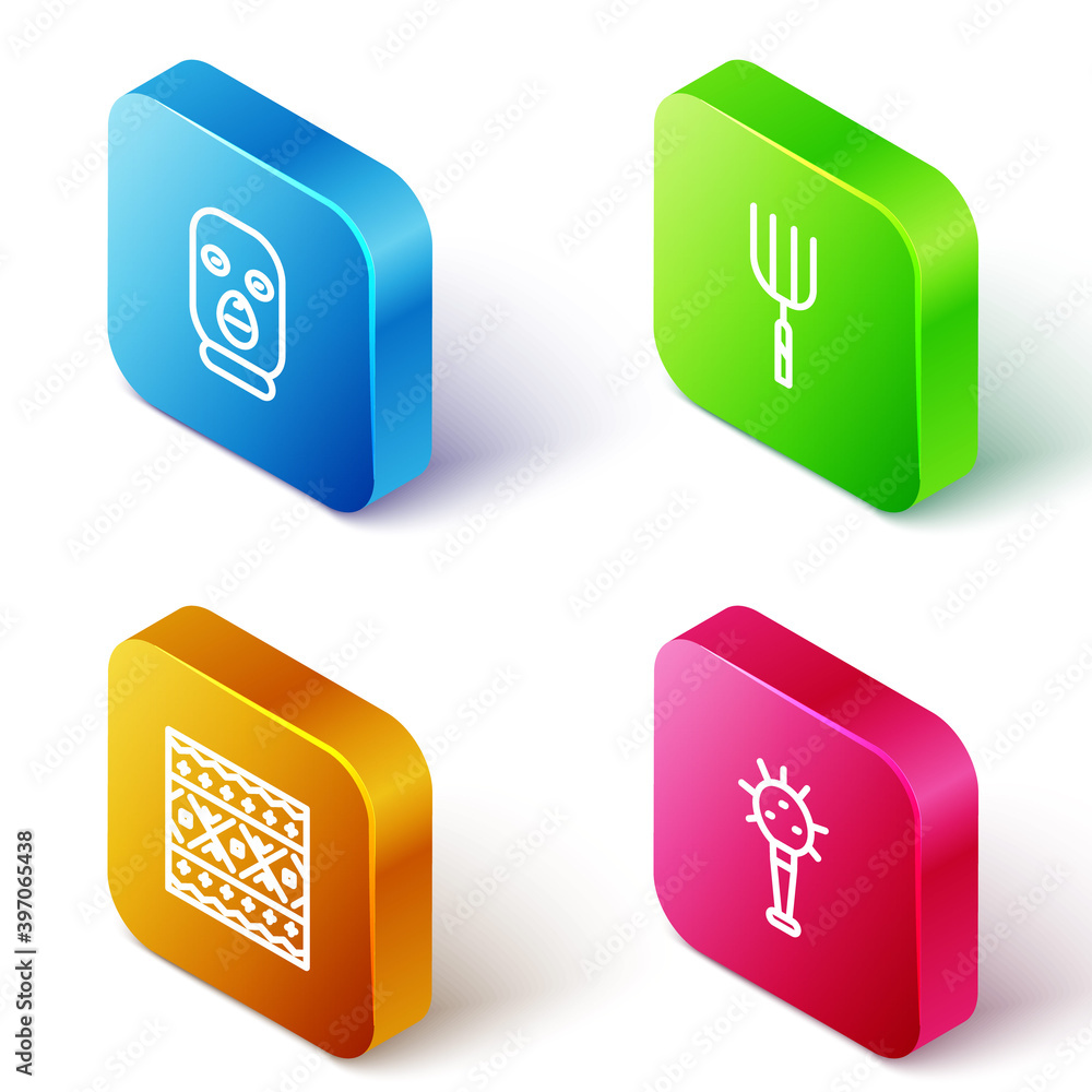 Set Isometric line Thief mask, Garden pitchfork, Ukrainian ethnic pattern and Mace icon. Vector. Set Isometric line Thief mask, Garden pitchfork, Ukrainian ethnic pattern and Mace icon. Vector.
