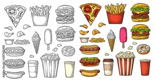 Set fast food. Coffee, hamburger, pizza, hotdog, fry potato, popcorn