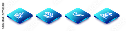Set Isometric line Church building, Varenyky a bowl, Smoking pipe and Ukrainian cossack icon. Vector.
