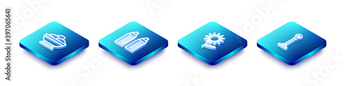 Set Isometric line Varenyky in a bowl, Two towers Dnipro, Sunflower and Monument of Independence icon. Vector.