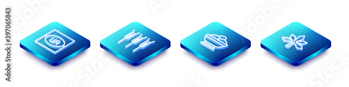 Set Isometric line Flag of Ukraine, Wheat, Varenyky bowl and Chestnut leaf icon. Vector.
