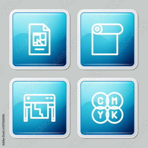 Set line File document, Roll of paper, Plotter and CMYK color mixing icon. Vector.