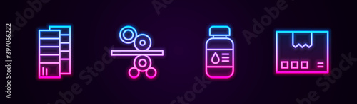 Set line Pantone, Paper roll of printing press, Printer ink bottle and Carton cardboard box. Glowing neon icon. Vector.