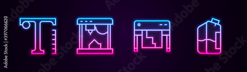 Set line Text, 3D printer, Plotter and Printer ink bottle. Glowing neon icon. Vector.