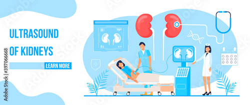Ultrasound of kidneys concept vector. Pyelonephritis, diseases and kidney stones illustration. Doctor research cystitis, urolithiasis, nephropathy, renal failure