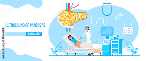 Ultrasound of pancreas doctors examine, treat pancreatitis. Stethoscope, calendar are on blue background. Health care flat concept for landing page, website