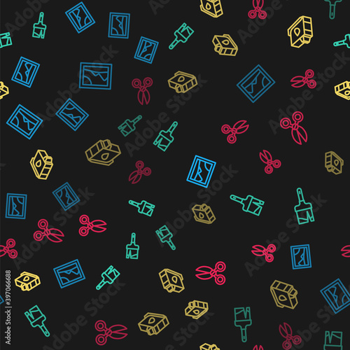 Set line Picture landscape, Paint brush, Printer ink cartridge and Scissors on seamless pattern. Vector.