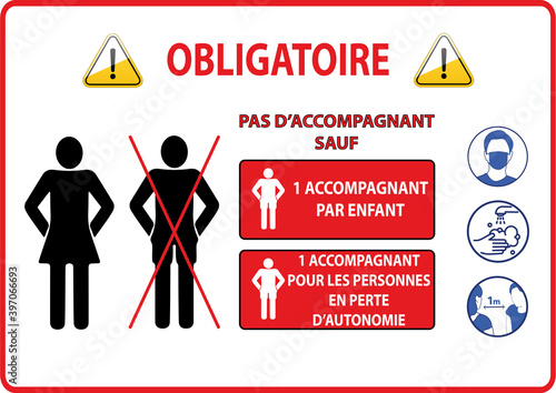 affiche sur les consignes obligatoires à respecter pour rentrer dans un magasin en rouge avec des panneaux attention en rouge jaune blanc et noir sur un fond blanc 