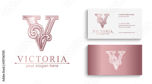 Letter V logo template. Monnogram, delicate floral design. Personal logo. Vector design.