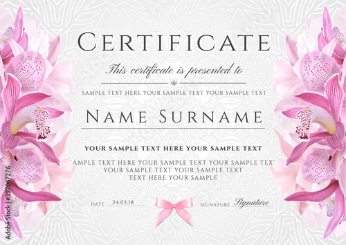 Flower blank background with pink orchid and line elegant silver curve pattern. Floral holiday design template useful for gift certificate, gift voucher, wedding