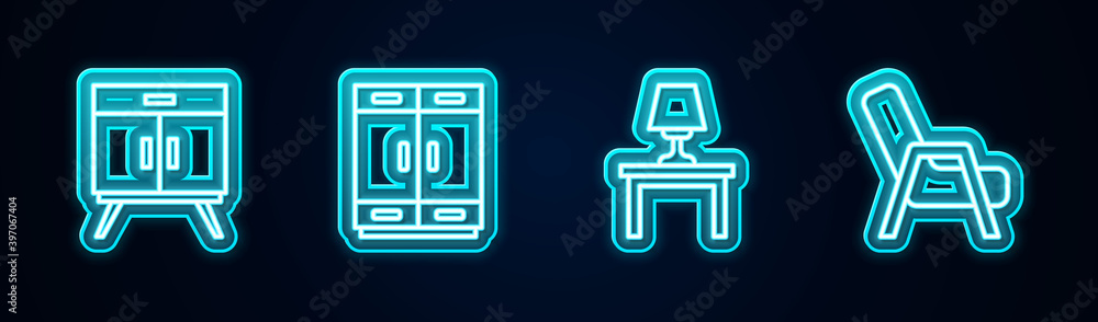 Set line Chest of drawers, Wardrobe, Table lamp on table and Armchair. Glowing neon icon. Vector. Set line Chest of drawers, Wardrobe, Table lamp on table and Armchair. Glowing neon icon. Vector.