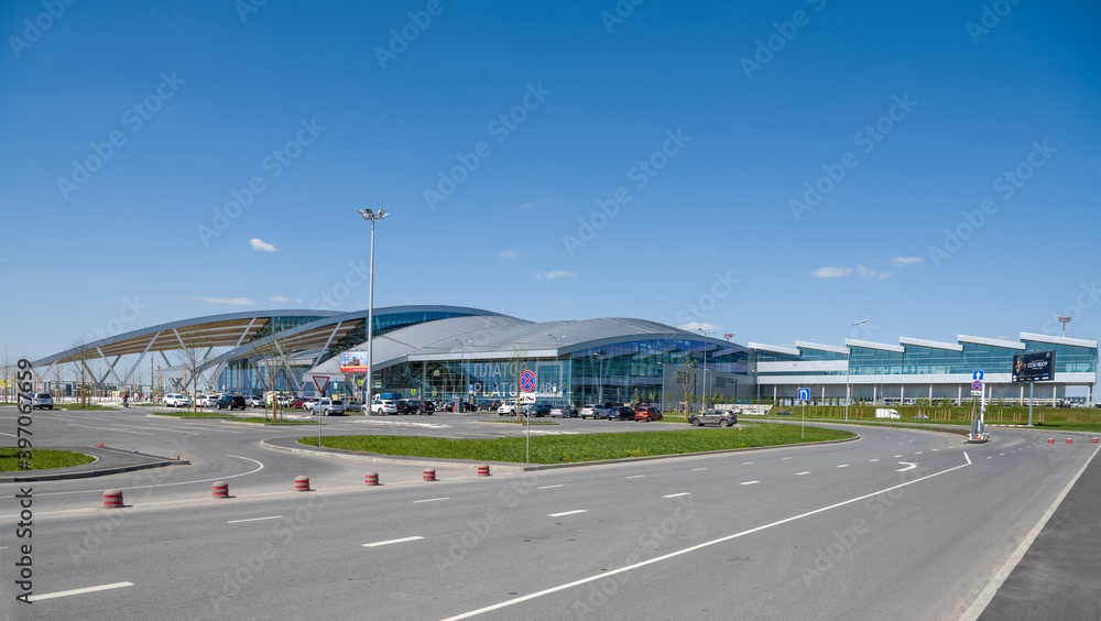 Airport Platov,built for the FIFA World Cup 2018. Passengers are preparing for flights. Vehicles are moving along the territory