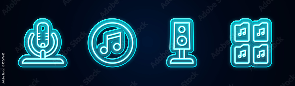 Set line Microphone, Music note, tone, Stereo speaker and file document. Glowing neon icon. Vector. Set line Microphone, Music note, tone, Stereo speaker and file document. Glowing neon icon. Vector.