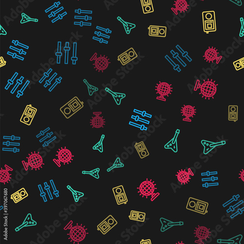 Set line Music equalizer, Electric bass guitar, player and Disco ball on seamless pattern. Vector.