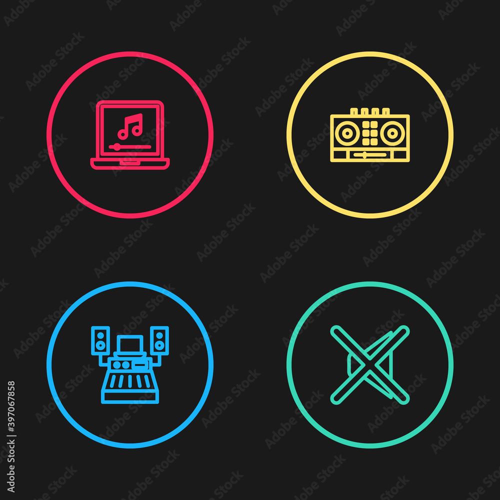 Set line Music recording studio, Speaker mute, DJ remote and mixing music and Laptop with note icon. Vector. Set line Music recording studio, Speaker mute, DJ remote and mixing music and Laptop with note icon. Vector.
