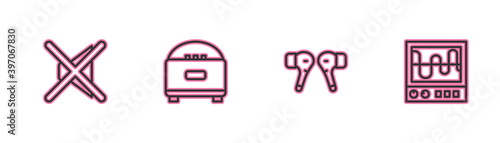 Set line Speaker mute, Air headphones, Stereo speaker and Oscilloscope icon. Vector.