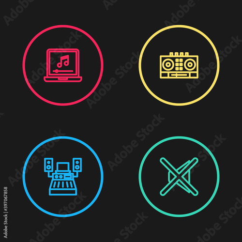 Set line Music recording studio, Speaker mute, DJ remote and mixing music and Laptop with note icon. Vector.