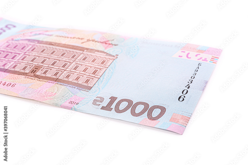 1000 Ukrainian Hryvnia banknote on white background, closeup 1000 Ukrainian Hryvnia banknote on white background, closeup