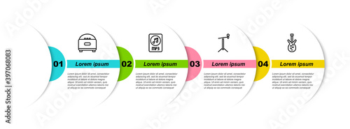 Set line Stereo speaker, MP3 file document, Microphone with stand and Electric bass guitar. Business infographic template. Vector.