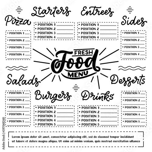 Vector template Chalkboard menu for restaurant and snack bars with grunge elements. Fresh food design
