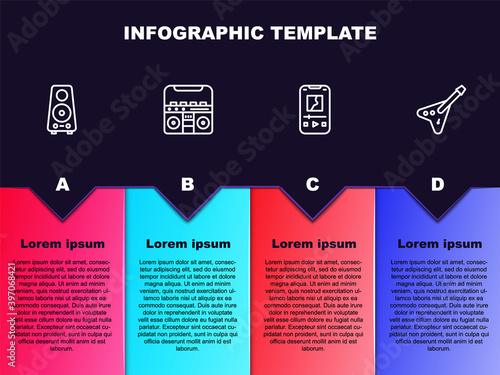 Set line Stereo speaker, Home stereo with speakers, Music player and Electric bass guitar. Business infographic template. Vector.
