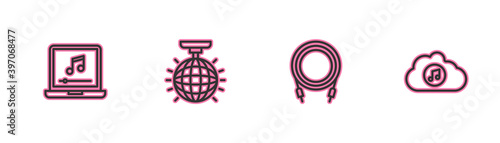 Set line Laptop with music note, Audio jack, Disco ball and Music streaming service icon. Vector.