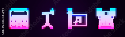 Set line Home stereo with speakers, Microphone stand, Music festival flag and recording studio. Glowing neon icon. Vector.