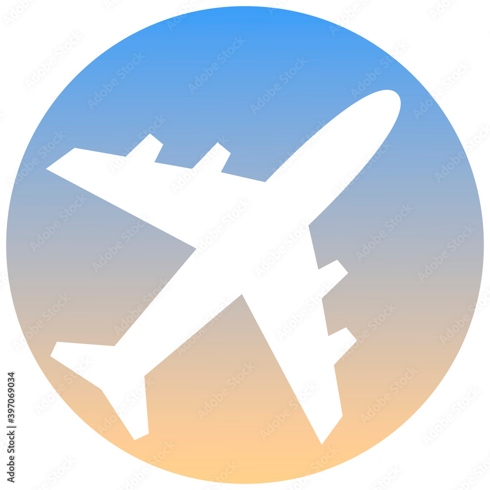 Airplane symbol of a set. White airplane icon, on gradient button. Use for banner, card, poster, brochure, banner, app, web design. Easy to edit. Vector illustration - EPS10.