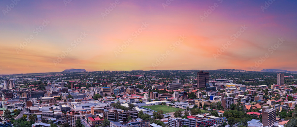 Panoramic aerial view of bloemfontein city with twilight sky in Free State South Africa